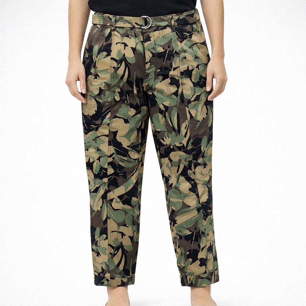 NEW Chico's Belted Utility Ankle Pants Green Black Camouflage Floral 1.5 Size 10